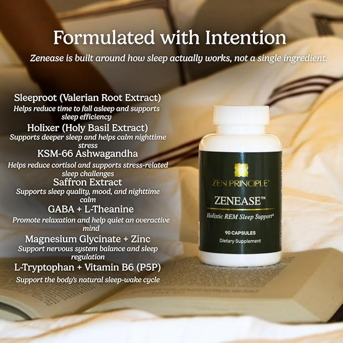 Zen Principle Zenease Sleep Support with Magnesium Glycinate Ashwagandha KSM-66® Saffron L-Theanine &amp GABA – No Melatonin Natural Stress Relief &amp Sleep Aid. 90 Capsules