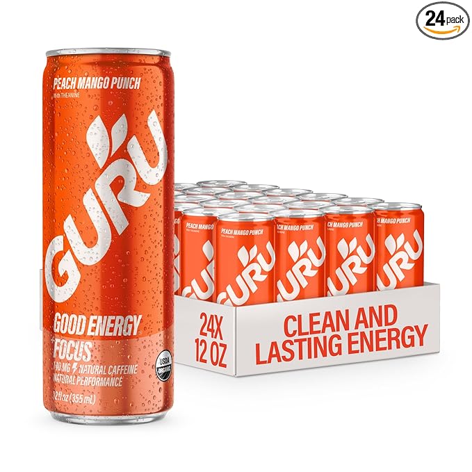 GURU Peach Mango Punch Organic Energy Drinks Clean Energy Drink with Plant Based Natural Caffeine from Green Tea + Focus with L Theanine Gluten Free and Vegan 140MG Caffeine 12oz (Pack of 24)