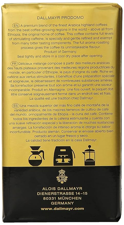 Gourmet Coffee byDallmayr Prodomo Finest Premium Ground Coffee Specially Refined 100% Arabica 8.8 Oz Vacuum Packs - Pack of 4
