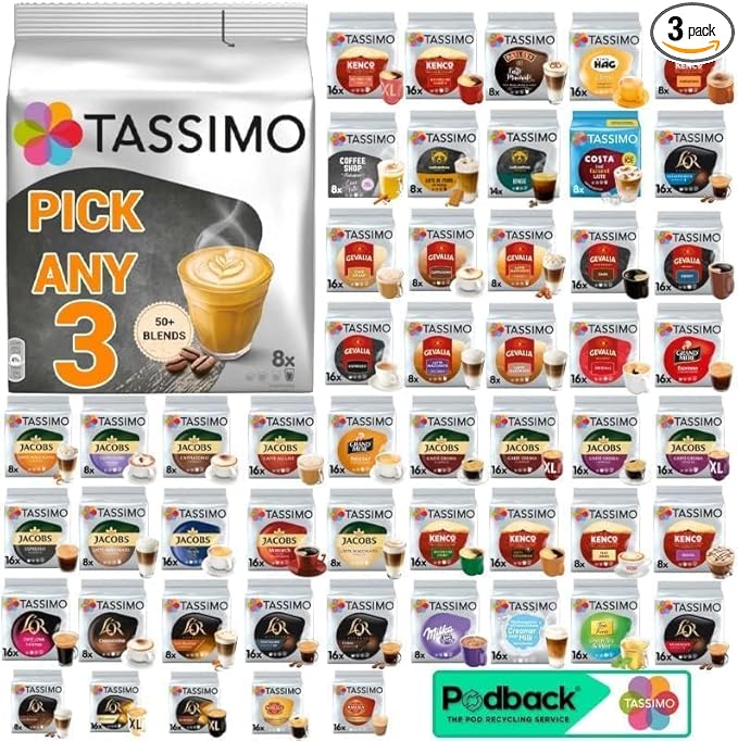 Tassimo Coffee Tea Chocolate Pods. Pick Any 3 Packs from 50+ Blends Including Kenco Costa Jacobs Hot Chocolate Chai latte Baileys Cadbury Milka Oreo Cafe Hag and More.