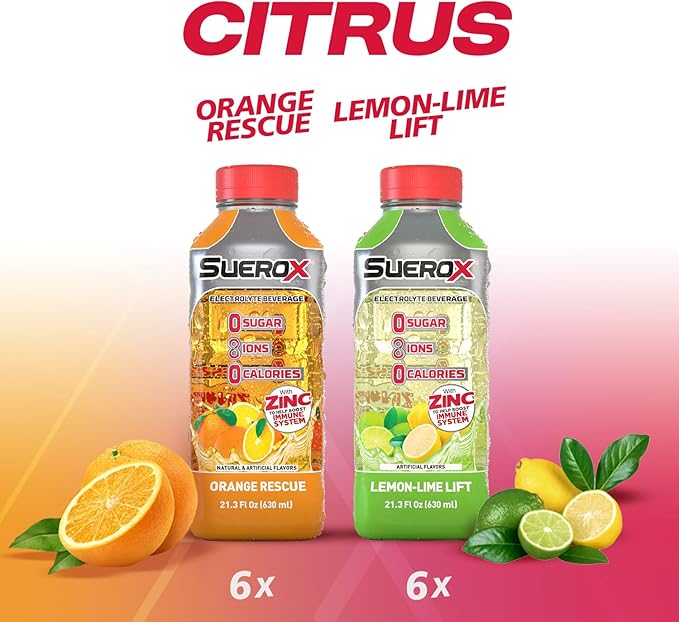 SueroX Sugar-Free Sports Drink for Hydration and Recovery Electrolyte Hydration Drink with 8 Ions Zero Calorie Sports Drinks with Electrolytes Citrus Pack 21.3 Fl Oz 12 Count