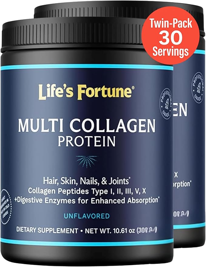 Life's Fortune Multi Collagen Peptides Powder Drink Plus for Women &amp Men - Type I II III V X Blend with Digestive Enzyme – for Skin Hair Nails Joints Health Unflavored 30 Serv (60 Servi