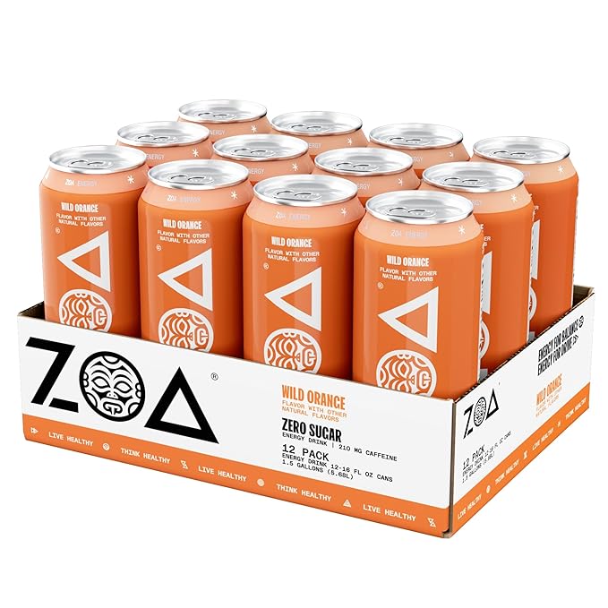 ZOA Zero Sugar Energy Drinks - Wild Orange | Healthy Energy Formula with Natural Caffeine Daily Vitamin C Essential B-Vitamins | Gluten-Free Keto Friendly | 16 Ounce Cans (Pack Of 12)