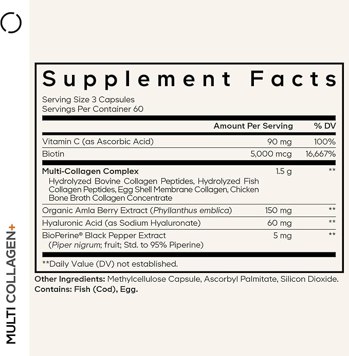 Codeage Multi Collagen+ Supplement with Vitamin C Biotin 5000 mcg Hyaluronic Acid Amla Berry BioPerine - 5 Types of Collagen Grass-Fed Pasture-Raised - 2-Month Supply - Non-GMO - 180 Capsules
