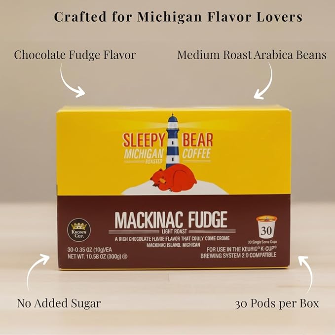 Sleepy Bear Coffee Pods Medium Roast Arabica Rich Flavor Michigan-Made Smooth &amp Sweet No Sugar Added 30ct Pods Compatible with Single-Serve Brewers (Mackinac Fudge)