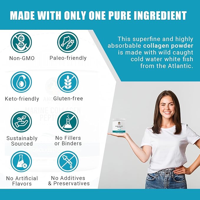Ancient Bliss Wild-Caught Marine Fish Collagen Peptides Powder Flavorless Collagen Protein Supplement with Type 1 Non-GMO Gluten-Free Amino Acid Supplement for Skin Hair and Nails 15.87 Oz