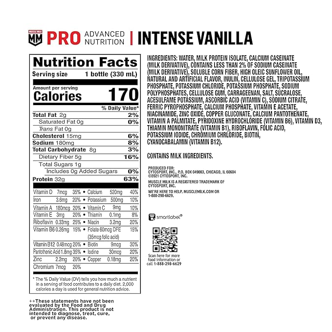 Muscle Milk Pro Advanced Nutrition Protein ShakeIntense Vanilla11.16 Fl Oz32g Protein1g Sugar16 Vitamins &amp Minerals5g FiberWorkout RecoveryEnergizing SnackPackaging May Vary(Pack of 24)