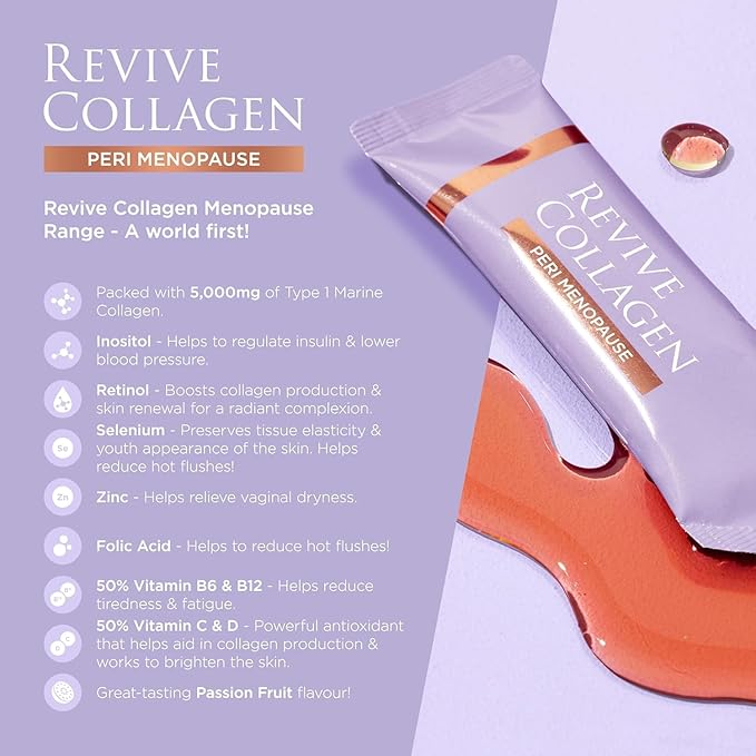 Revive Collagen Perimenopause — Hydrolyzed Marine Collagen Drink for Women 5000MG Inositol Selenium Vitamin B6-B12 C &amp D Supports Skin Health Reduces Fatigue Passionfruit Flavour — 14 Sac