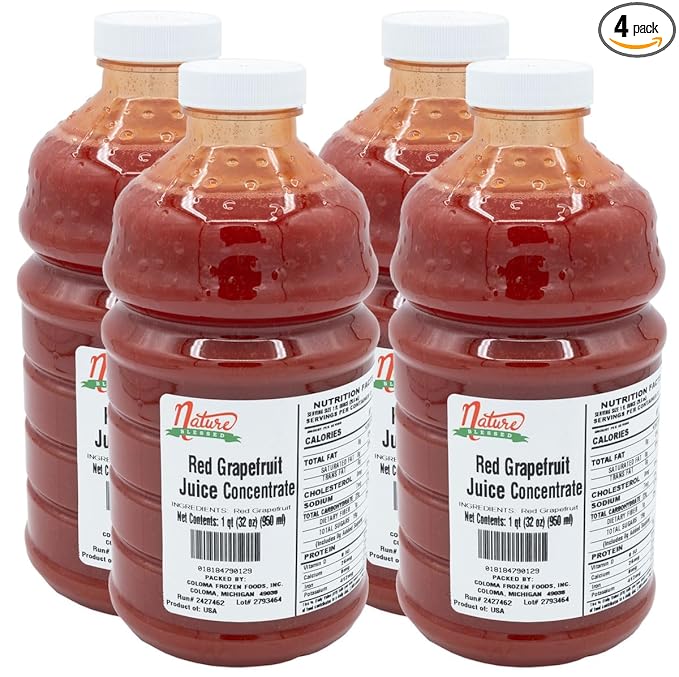 Nature Blessed 100% Pure Red Grapefruit Juice Concentrate - 4 Quarts (4/32 fl oz bottles) Especially good for Home Vintners Home Brewers Smoothies a Refreshing Drink or Making Jelly