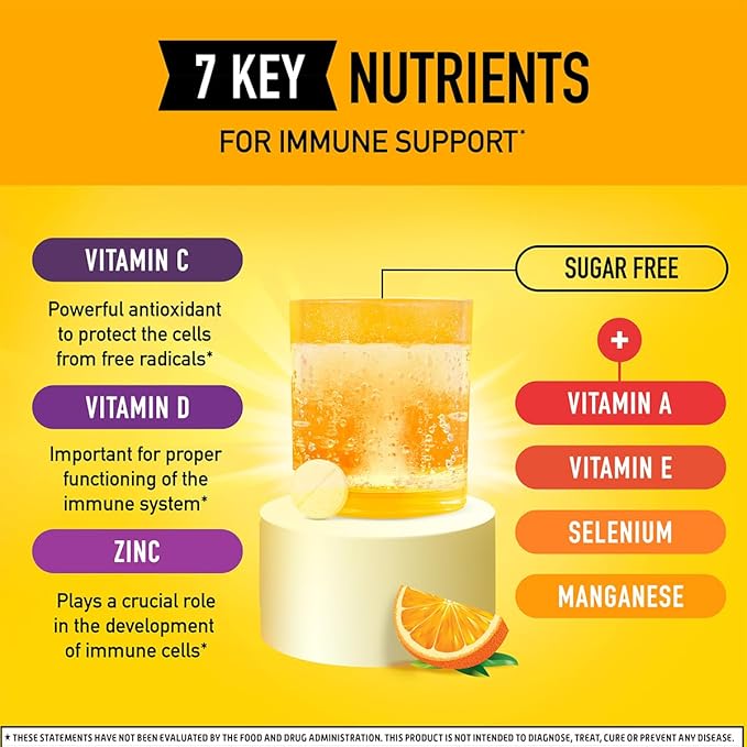 Airborne 1000mg Vitamin C + Zinc Sugar Free Multivitamin Immune Support Effervescent Fizzy Drink Tablets Zesty Orange Flavor with Powerful Antioxidants Vitamins A C &amp E 30 Tablets (3 Pack)