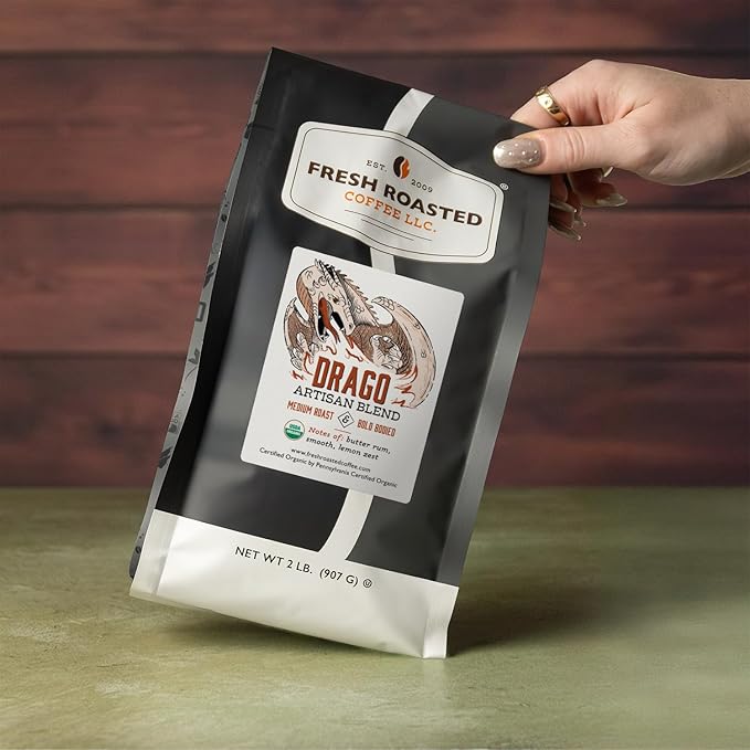 Fresh Roasted Coffee Organic Drago Café Blend | USDA Organic Kosher | Medium Roast 2 lb (32 oz) Whole Bean