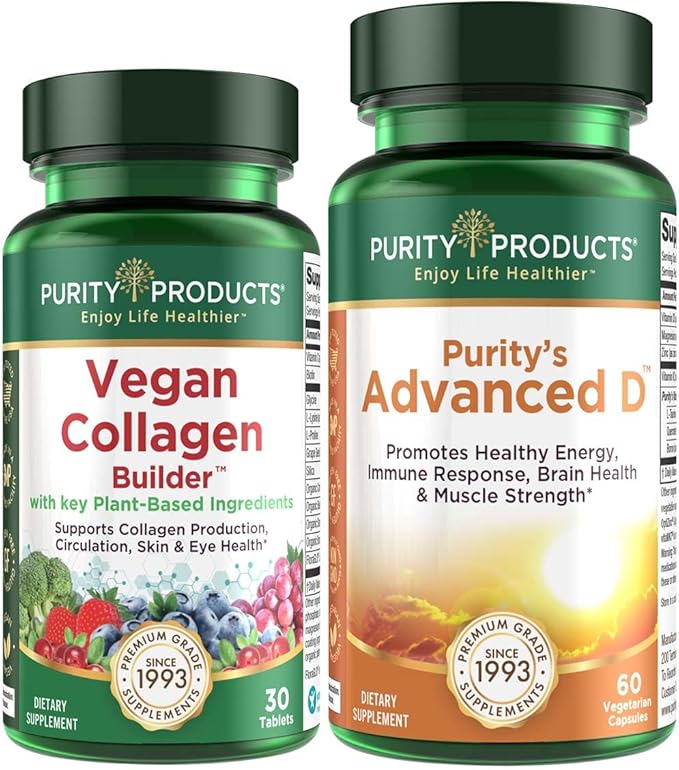 Purity Products Vegan Collagen Builder + Advanced D Bundle Organic Fruits + Vegetables Vitamin D3 K2 (Menaquinone MK-7 MK-4) Vitamin C Lutein Biotin - 30 Servings
