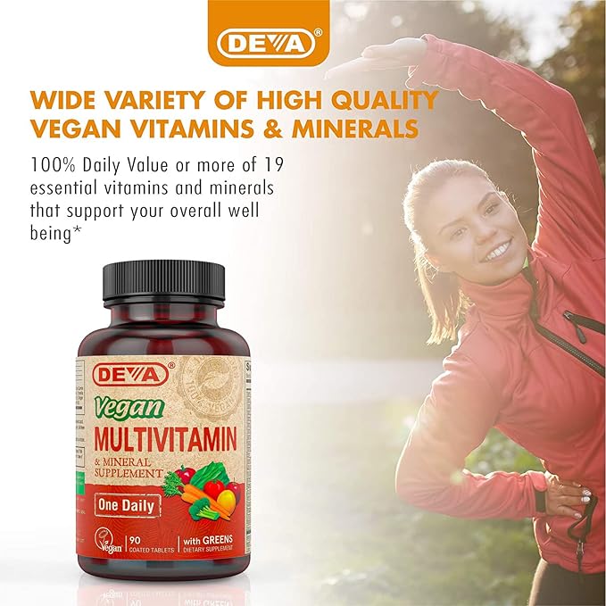 DEVA Vegan Multivitamin &amp Mineral Supplement with Iron 2-Pack Spirulina Chlorella Ashwagandha Broccoli &amp More 90 Coated Tablets Each