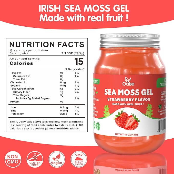 15 OZ Sea Moss Gel- Natural Wildcrafted Irish Seamoss Gel with 92 Minerals and Vitamins - Non-GMO Gluten-Free Vegan - Immune Defense Thyroid Digestive Support (Strawberry)