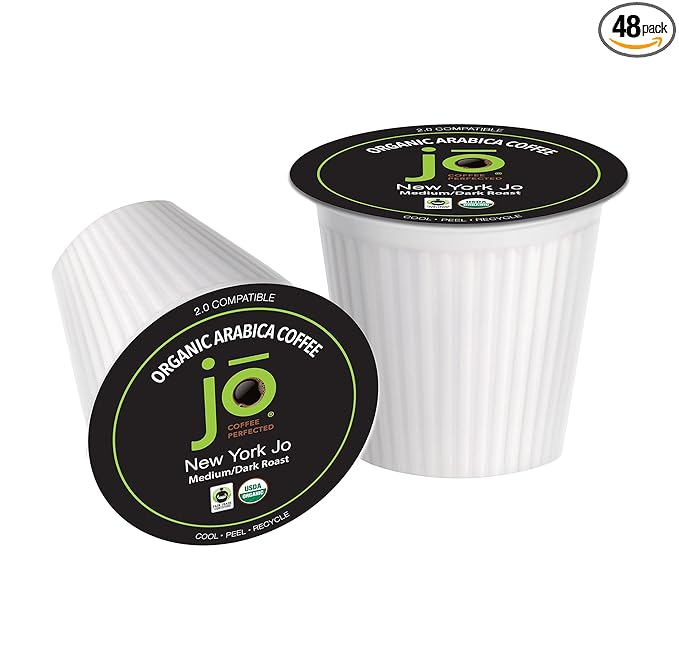 NEW YORK JO: 48 Cups Medium Dark Roast Organic Coffee for Keurig K-Cup Compatible Brewers Fresh Seal Single Serve Cups Smooth Rich Complex Signature Blend Fair Trade Certified Kosher Gluten Free