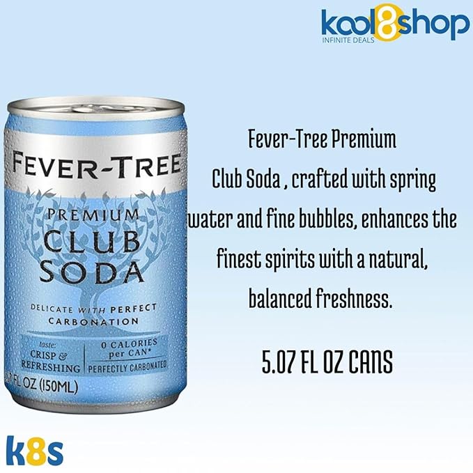 Fever-Tree Club Soda Premium Mixer 5.07 fl oz Aluminum Cans 24 Pack + 20 Plastic Stirrer Sticks by KOOL8SHOP Infinite Deals