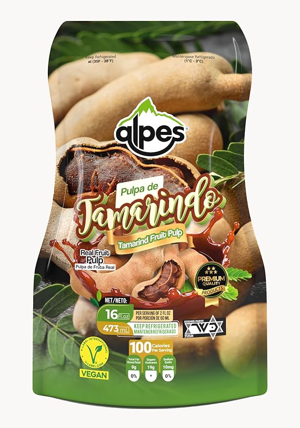 Alpes Premium Tamarind Pulp 100% Real Fruit Tropical Tamarindo. Ideal for Cocktails Juices Smoothies Desserts Gourmet Sauces Ice creams &amp Snacks 1 Pack 16 fl oz.