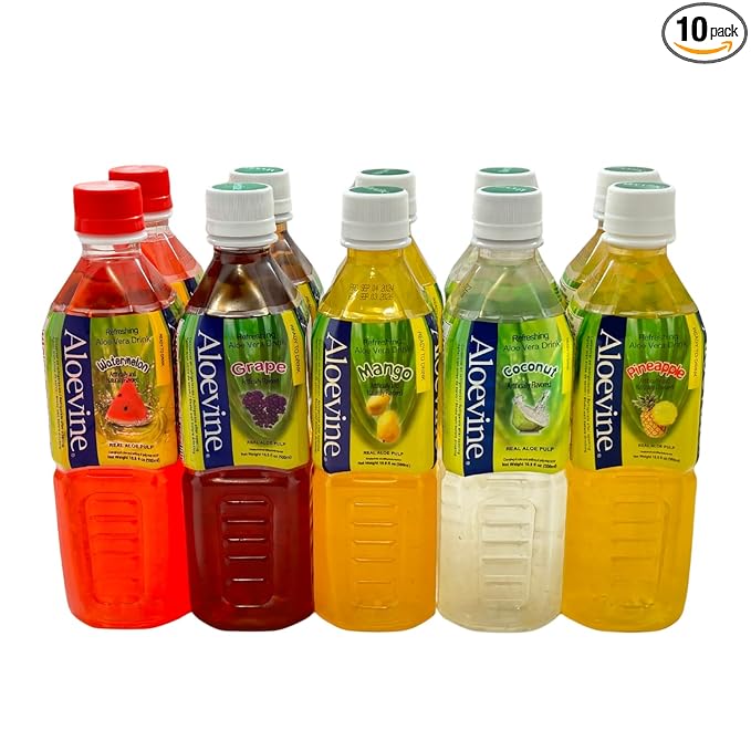 Aloevine Fruity Fun Variety Pack |16.9 oz. pack of 10 l 2 watermelon 2 grape 2 mango 2 coconut 2 pineapple | plant based Vegetable Korean drinks