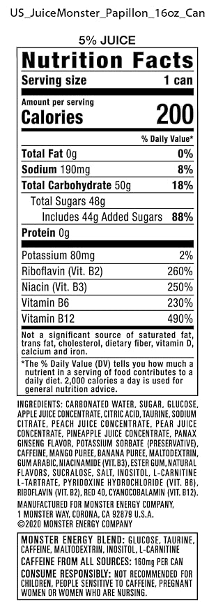 Monster Energy Juice Monster Papillon Peach Nectarine Energy + Juice Energy Drink 16 Ounce (Pack of 15)