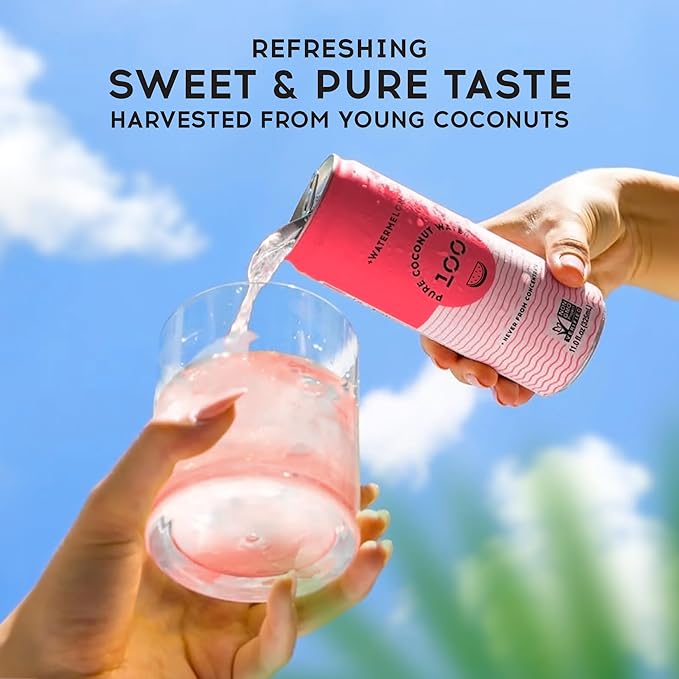 100 Coconuts Watermelon Pure Coconut-100% Pure Coconut Water - Low Calorie All-Natural Drink with Electrolytes - Naturally Sweet no preservatives- Non-GMO 11 fl oz Pack of 12 (Pure Coconut Water)