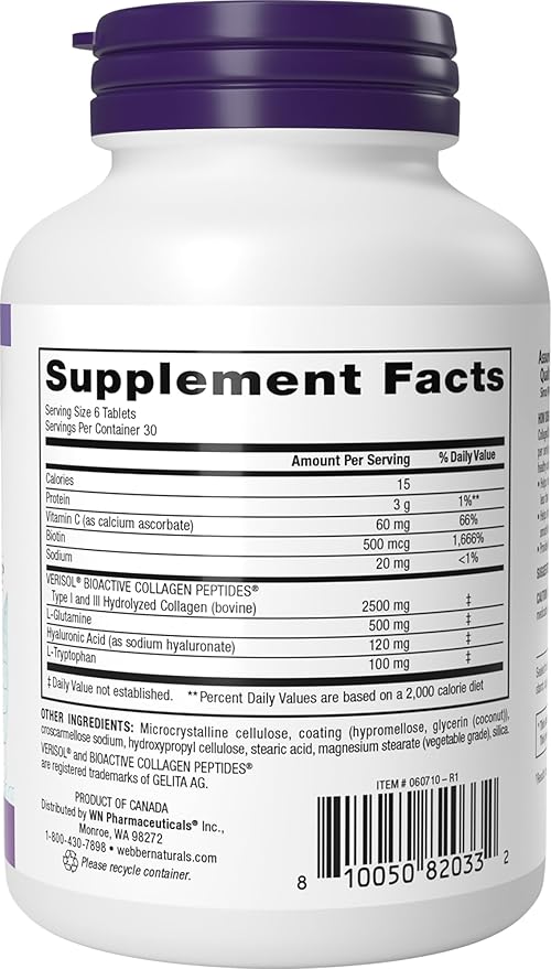 Webber Naturals Collagen30 with Hyaluronic Acid Bioactive Collagen Peptides 180 Tablets Helps Reduce Eye Wrinkles and Fine Facial Line Non GMO