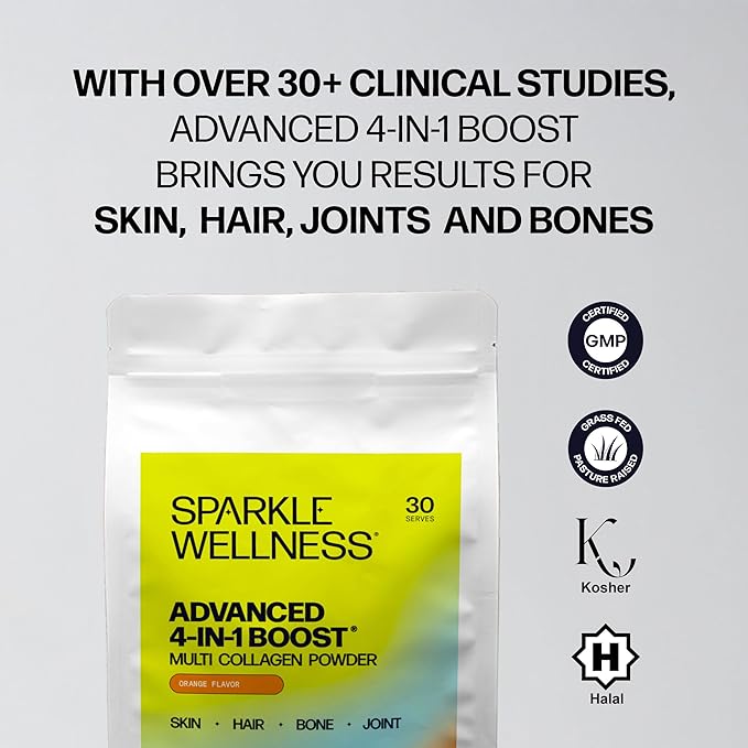 Sparkle Wellness Advanced 4 in 1 Boost | Clinically Tested Multi Collagen Powder with VERISOL FORTIBONE FORTIGEL TENDORFORTE | Skin Bone Joint Health | Orange