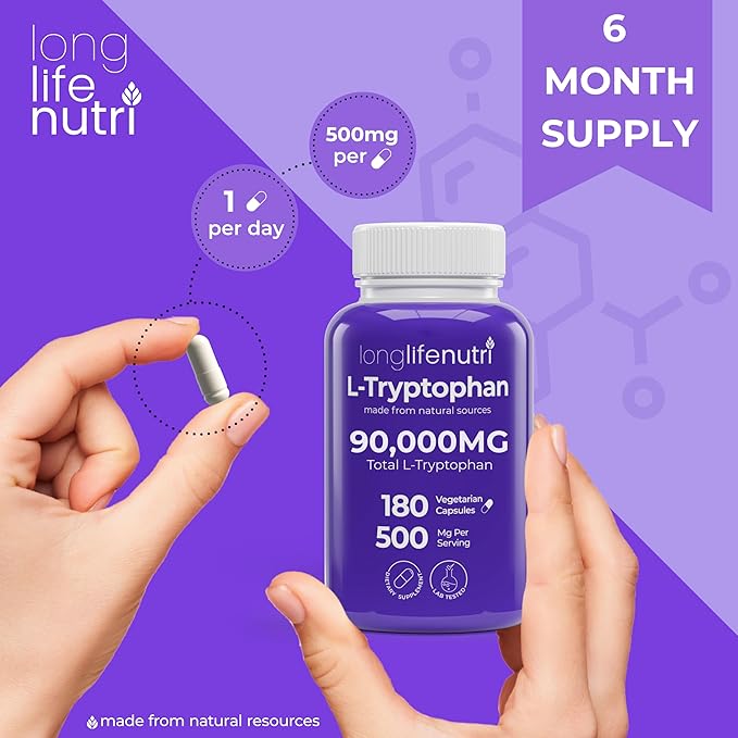 LongLifeNutri L-Tryptophan 500mg - 180 Veggie Capsules 6 Month Supply - Natural Sleep Aid and Mood Stability Support for Serotonin Balance - Lab Tested Made in USA Non-GMO