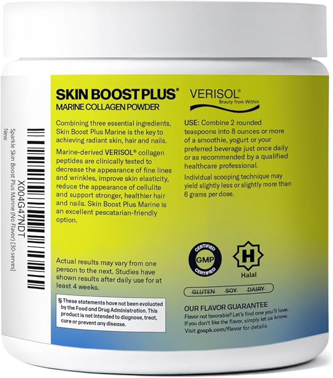 Sparkle Wellness Marine Skin Boost Plus (No Flavor) [30-Serves] | Collagen Powder Supplement with Marine-derived VERISOL Bioactive Hydrolyzed Collagen Peptides Vitamin C &amp Hyaluronic Acid