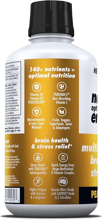 HEALTH DIRECT - Nature's Optimal Nutrition Energize Liquid Multivitamin Superfood - 140+ Nutrients - Mental Clarity &amp Energy - Immune &amp Cardiovascular Support – 30 Servings – Peach Mango
