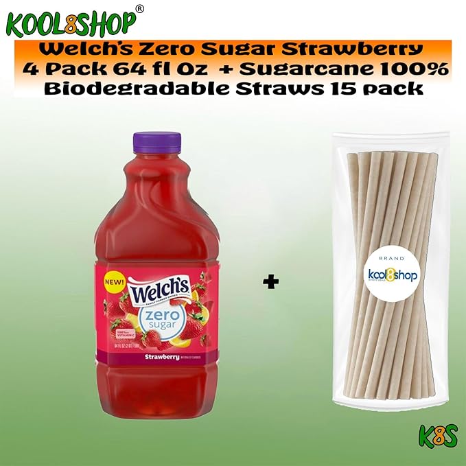 Welch's Zero Sugar Strawberry Fruit Juice Drink 64 fl oz Plastic Bottles 4 Pack + 15 Sugarcane Disposable Straws by KOOL8SHOP Infinite Deals