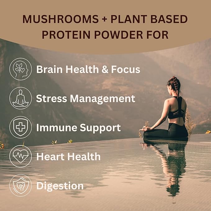 Mycoprotein Mushroom Protein Powder Chocolate Flavor 20g Plant Based Protein per Serving Reishi Chaga Lions Mane Shiitake Turkey Tail Vegan Gluten Free Coffee Smoothies 1.76 lb