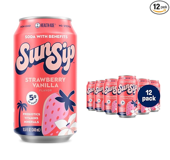 SunSip Prebiotic Soda by Health-Ade Better-for-You Soda Swap Beverage with Vitamins and Minerals Naturally Sweetened with 5g of Sugar Strawberry Vanilla 11.5 oz (12 Pack)
