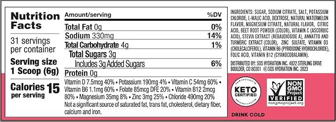 SOS Hydration Electrolyte Powder Drink Mix – Watermelon 31 Servings | Low Sugar Electrolytes 15 Cal | Keto Hydration Powder for Rapid Rehydration