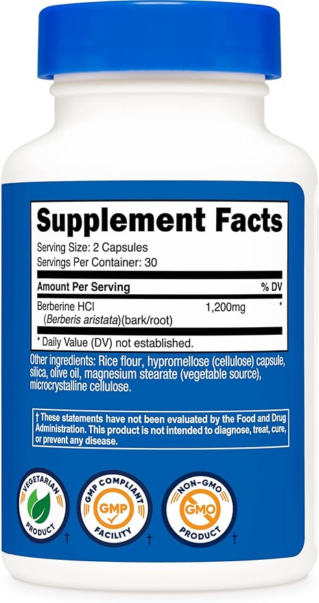 Nutricost Berberine HCl 1200mg 60 Vegetarian Capsules - Gluten Free &amp Non-GMO (3 Bottles)