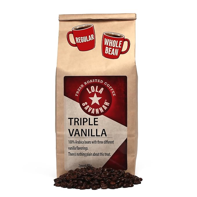 Lola Savannah Triple Vanilla Whole Bean Coffee - Three Unique Layers of Vanilla Delivers an Irresistible Velvety Smooth Sweet Cream Profile Caffeinated 2lb Bag