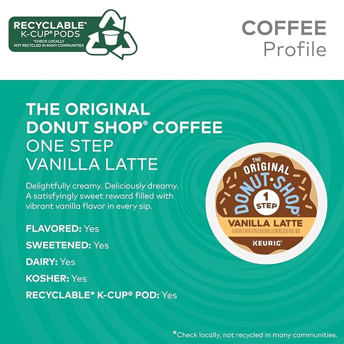 The Original Donut Shop Vanilla Latte Single-Serve Keurig K-Cups Flavored Coffee. Delightfully creamy. Deliciously dreamy. A Satisfyingly Sweet reward filled with Vibrant Vanilla Flavor!