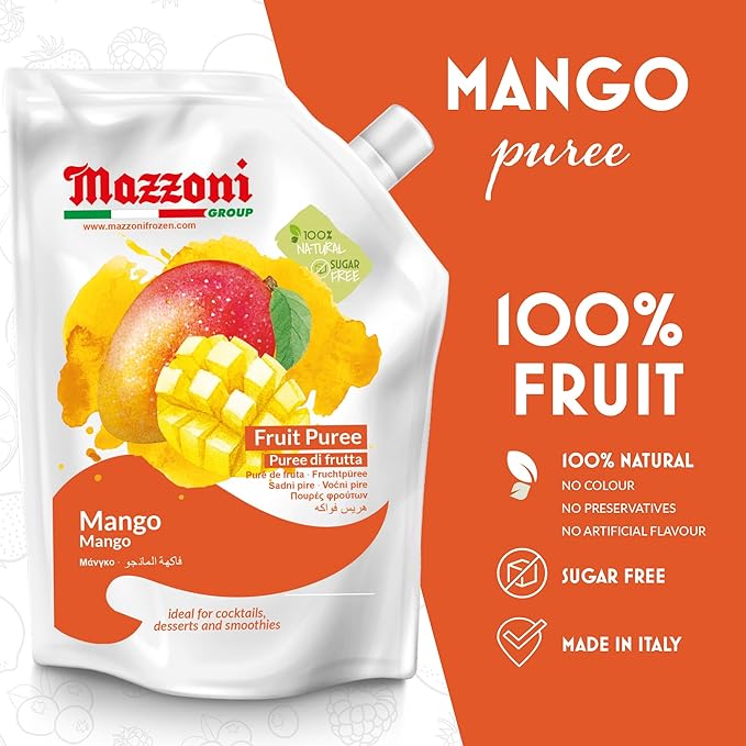 Mazzoni - Mango Puree Juice 100% Pure Mango Lassi Just Fruit Nectar No Sugar Added 2.2 lbs (35.2 oz) Real Fruit Mixer for Cocktails Drinks Smoothies Convenient Pouch Made in Italy
