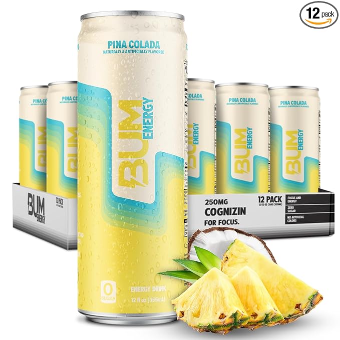 BUM Sugar-Free Energy Drink Pina Colada - Lightly Carbonated &amp No Artificial Colors Natural Caffeine &amp Citicoline for Energy &amp Focus Brain Boost &amp Workout Sports Beverage - 12 oz P