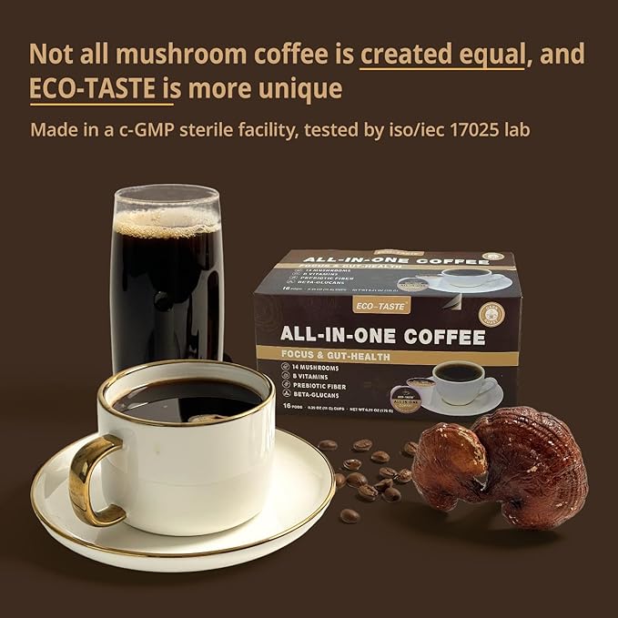 Mushroom Coffee K Cup – Focus &amp Gut-Health with 14-Mushrooms Vitamins L-Theanine and Alpha GPC Single Serve Pods - No Crash or Jitters 16 Count