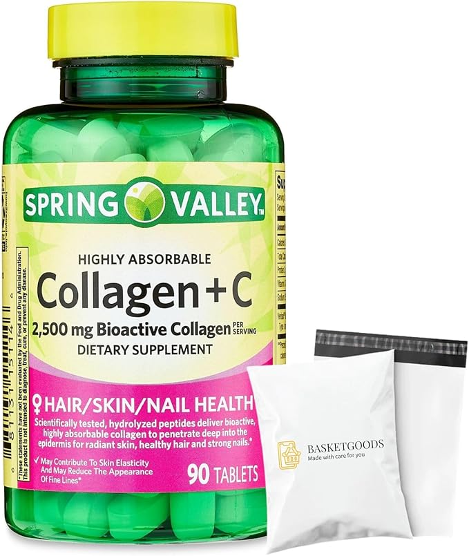 Spring Valley's Collagen + C Tablets 2500mg 90 Tablets | Collagen Plus Vitamin c | Collagen + Vitamin C 60 mg | Collagen C Spring Valley Bundle with Basket Goods Store