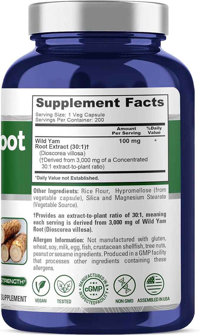NusaPure Wild Yam Root 30:1 Extract 100 mg Equivalent to 3000 mg 200 Vegan Capsules - Women’s Health &amp Hormonal Balance - Non-GMO Vegan