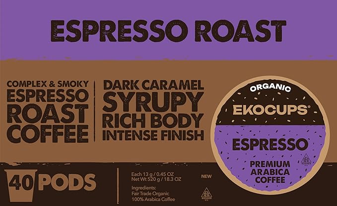 EKOCUPS Organic Espresso Roast Coffee Pods Extra 30% More Coffee Per Cup Artisan Fair Trade Dark Roast Espresso Coffee for Keurig K Cup Machines Recyclable Pods 40 Count