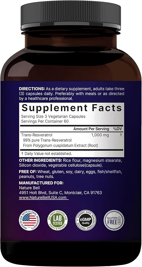 NatureBell Resveratrol - 180 Vegetarian Capsules - 1000mg Polygonum Cuspidatum Extract - Antioxidant Support - Heart Brain &amp Immune Wellness*