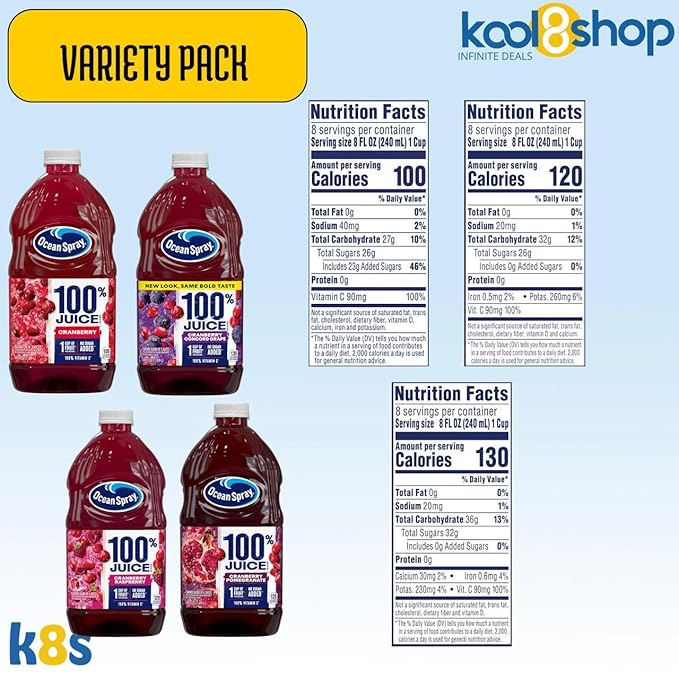 Ocean Spray 100% Variety Pack Fruit Juice No Added Sugar 64 fl oz 4 Pack + 15 Sugarcane Disposable Straws by KOOL8SHOP Infinite Deals