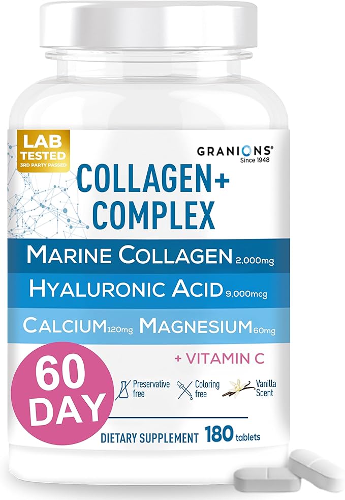 Granions Marine Collagen Pills – 2000mg Hydrolyzed Marine Collagen Peptides Hyaluronic Acid Vitamin C Calcium Magnesium – Skin Hair Nails Pro Aging Hyaluronic Acid Supplements – 180 Tablets
