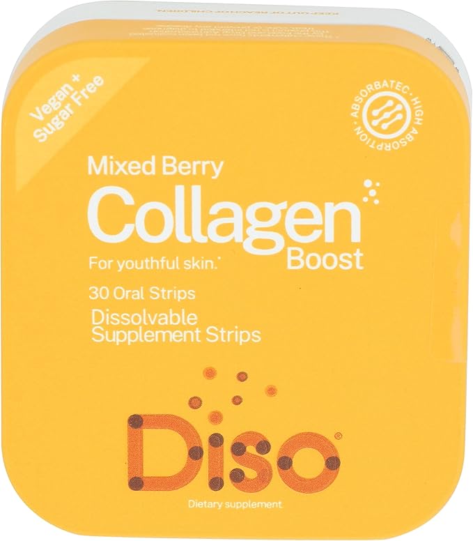 DISO - Collagen Boost - Fast-Dissolving Oral Strips Mixed Berry Flavor Vegan Sugar Free Maximum Absorption to Help Produce Collagen Gluten Free Individually Wrapped 30 Dissolable Strips