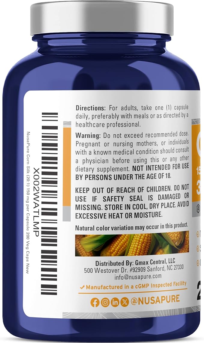 NusaPure Corn Silk Extract 3000 mg per Caps - 200 Veggie Caps (100% Vegetarian Non-GMO Extract 20:1 Vegan)