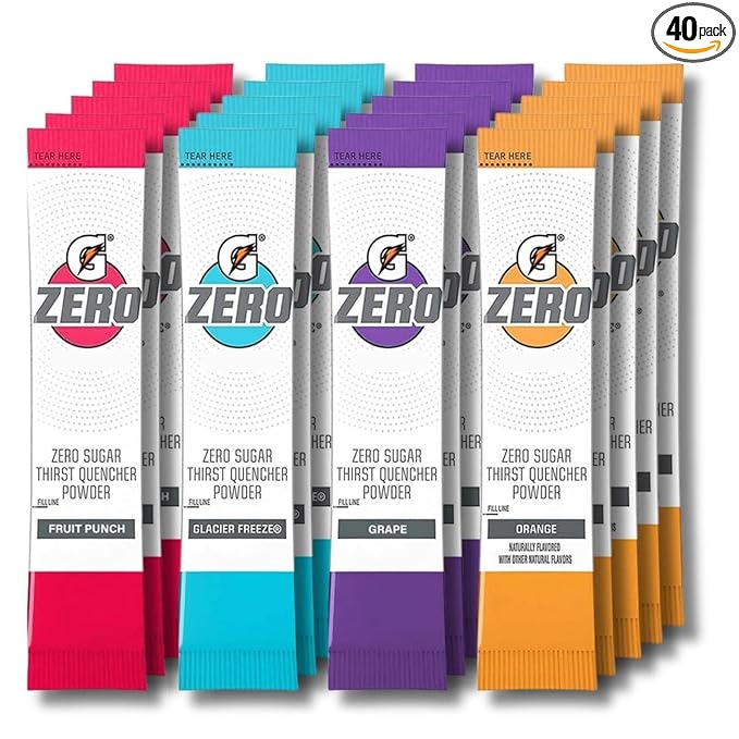 G Zero Sugar Thirst Quencher Powder (Pack Of 40) 10 Flavors Of Each (Fruit Punch Orange Grape &amp Glacier Freeze)
