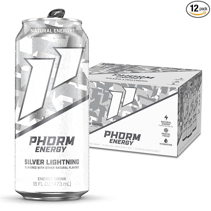 Phorm Energy Drink Silver Lightning Flavor 200 MG Natural Caffeine From Green Tea Sugar Free Carbonated Drink With Electrolytes &amp Vitamin B12 Dairy &amp Gluten Free Vegan 16 FL Oz Cans 12