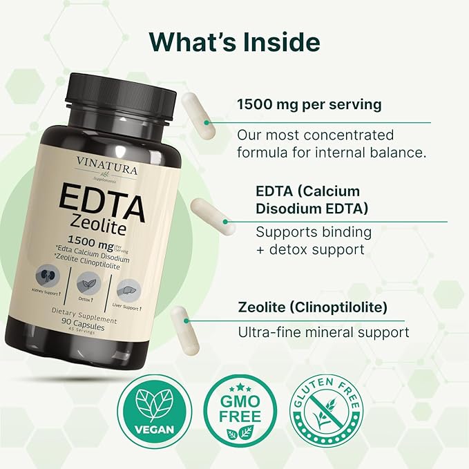 VINATURA EDTA Capsules - 1500mg per serv USA Made &amp Tested Liver Support - Edta Calcium Disodium Kale Extract - 90 Capsules 45 Servings